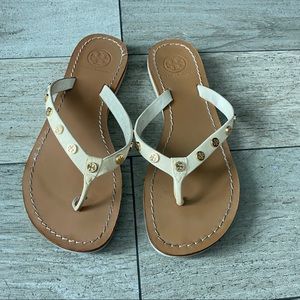 Tory Burch white leather sandals gold logo studs